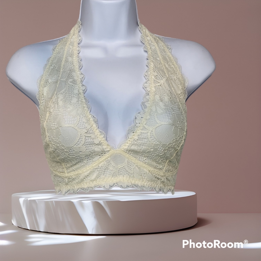 Free People Ivory Floral Lace Bralette Halter Boho Coquette Feminine Large